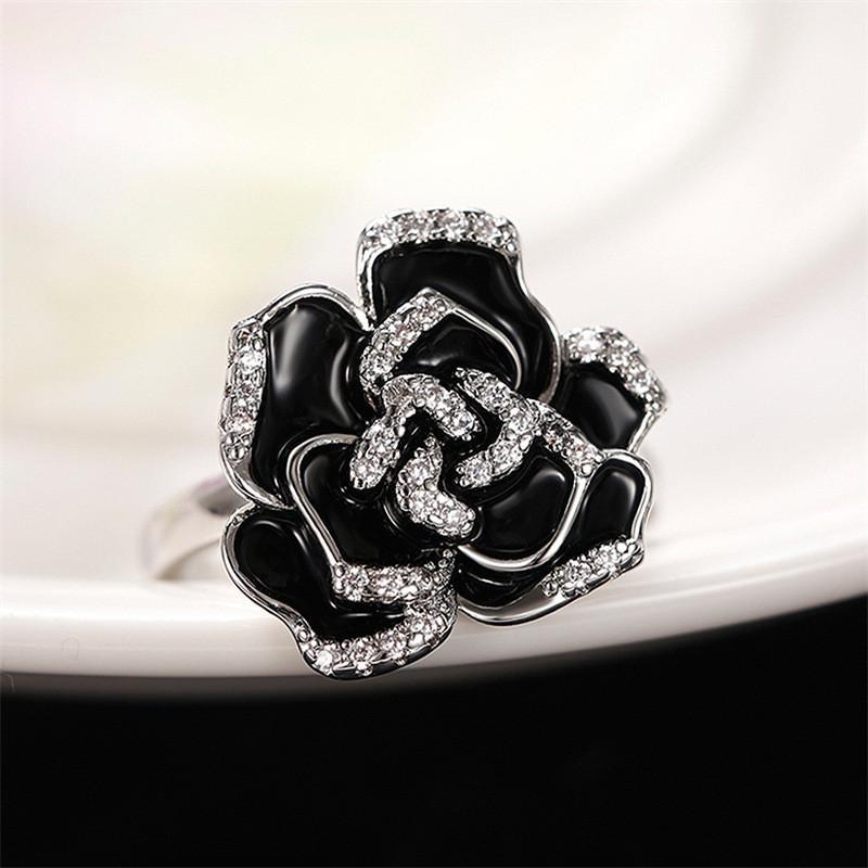 CopperRose Ring for Women Black Enamel Aesthetic Flower Rings Bridal Wedding Party Accessories Luxury Jewelry