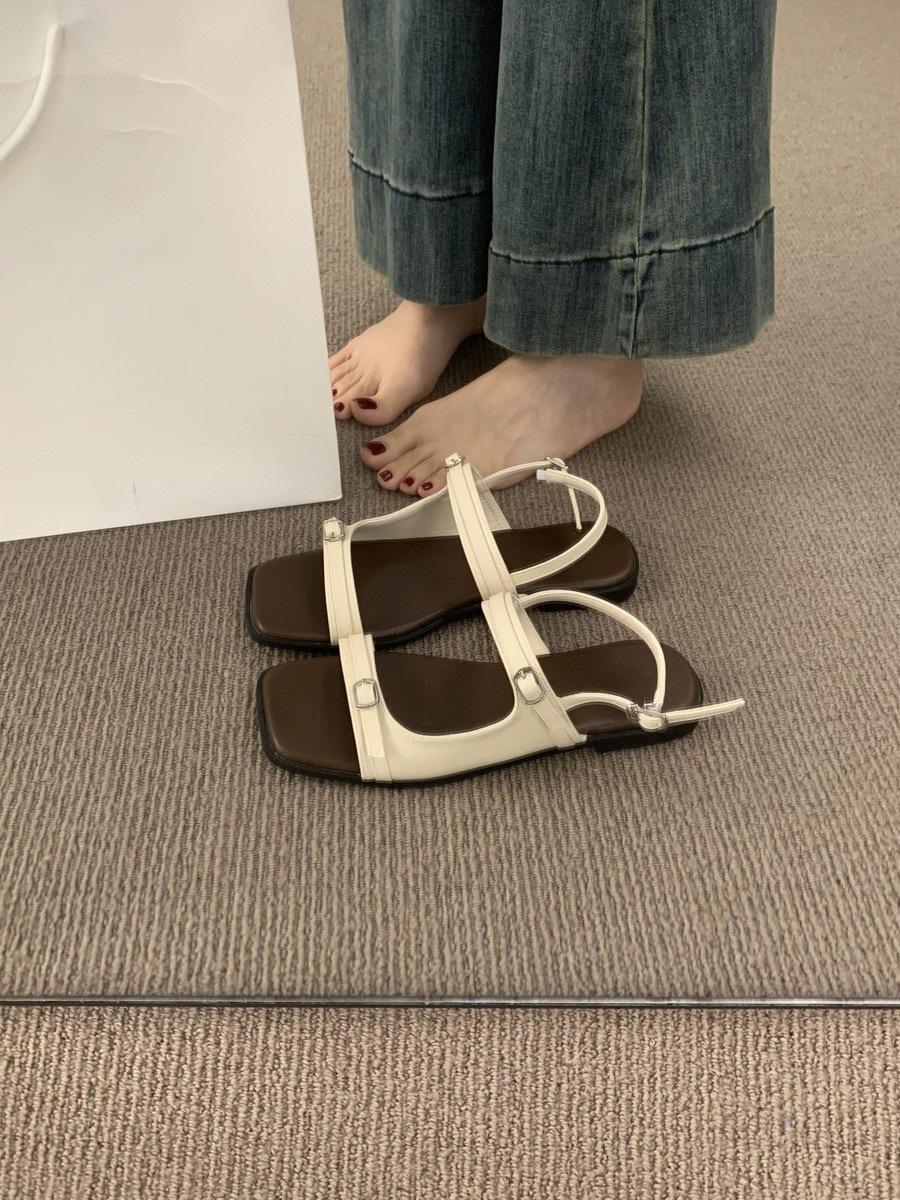 

Korean designer open-toed square head buckle with flat sandals women s summer Internet celebrity super fire beach Roman shoes 40