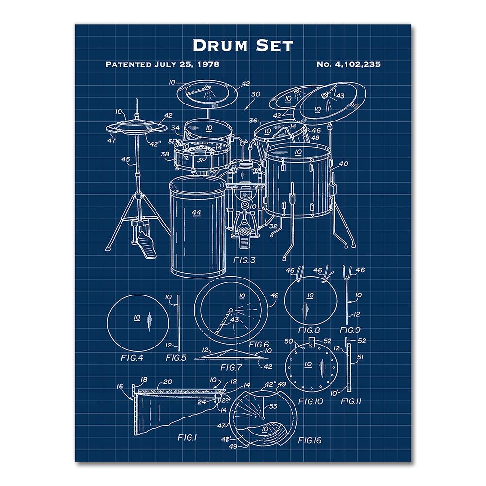 Music Instruments Patent Print Vintage Poster Drum Blueprint Retro Wall Art Canvas Painting Drummer Gift Music Studio Decor 21X30CMNo Framed