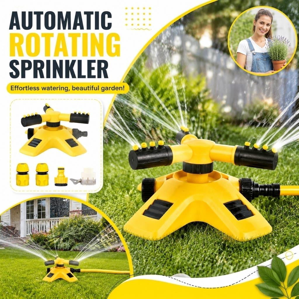 360 Degree Automatic Rotating Lawn Sprinkler Watering System with Adjustable Spray Arms and Hose Connector for Garden Lawn Irrigation
