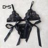 2 Pcs/Set Bra Panties Set Lace Uo Bow knot See through Lace V Neck Spaghetti Strap Three Point Pornographic Lady Underwear Suit