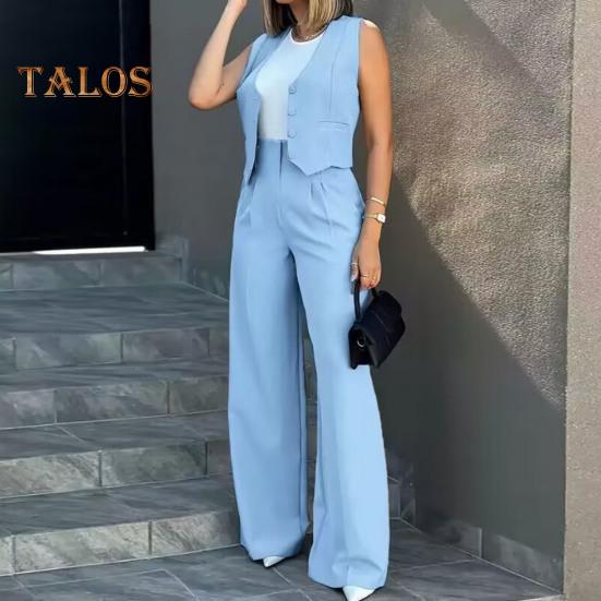 2 Teile/satz Damen Weste Hosen Set Formeller Business Stil Ärmelloses Einreihiges Oberteil Hohe Taille Weites Bein Einfarbige Hose OL Pendler Outfit