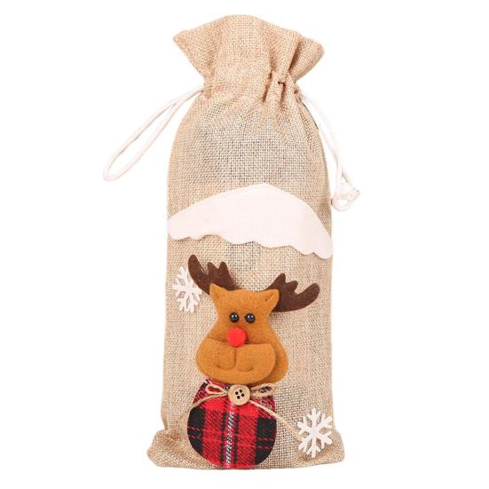 Christmas Burlap Wine Bags Cute Santa Claus Snowman Reindeer Design Reusable Wine Bottle Cover with Drawstring for Dinner Table Decor