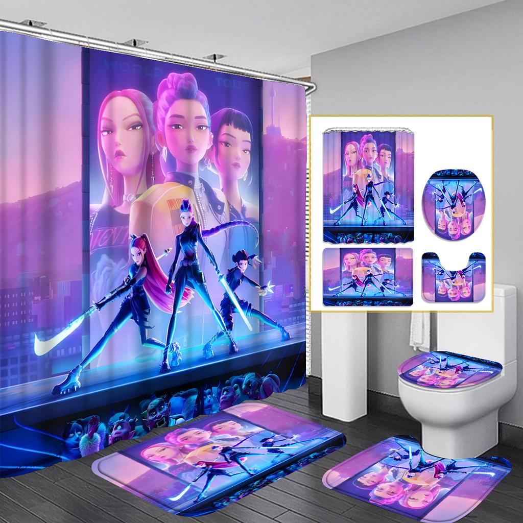 Character Print Bathroom Mat And Shower Curtain 4-Piece Set