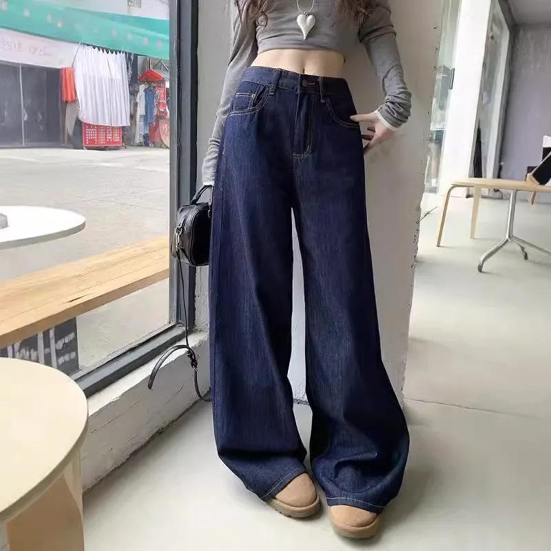 

Женские темно-синие джинсы с высокой посадкой больших размеров с широкими штанинами на весну и осень 2025 года - Свободные драпированные прямые брюки длиной до пола XL глубокий/синий