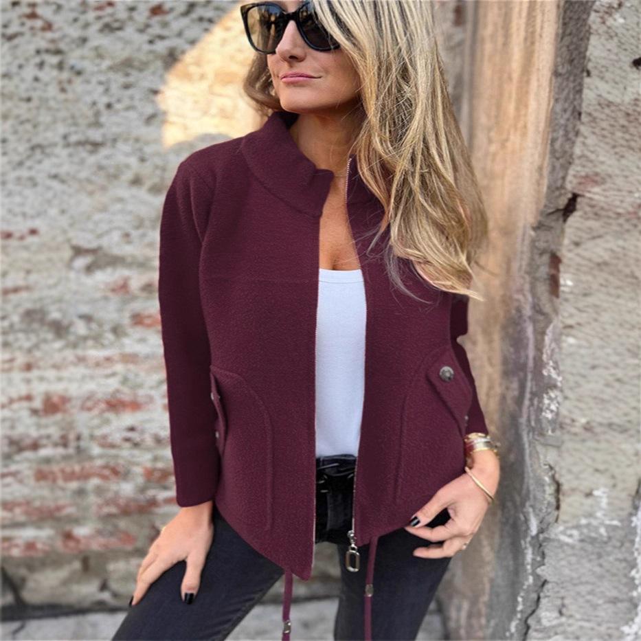 Women's Grey Stand Collar Short Jacket with Multiple Color Options