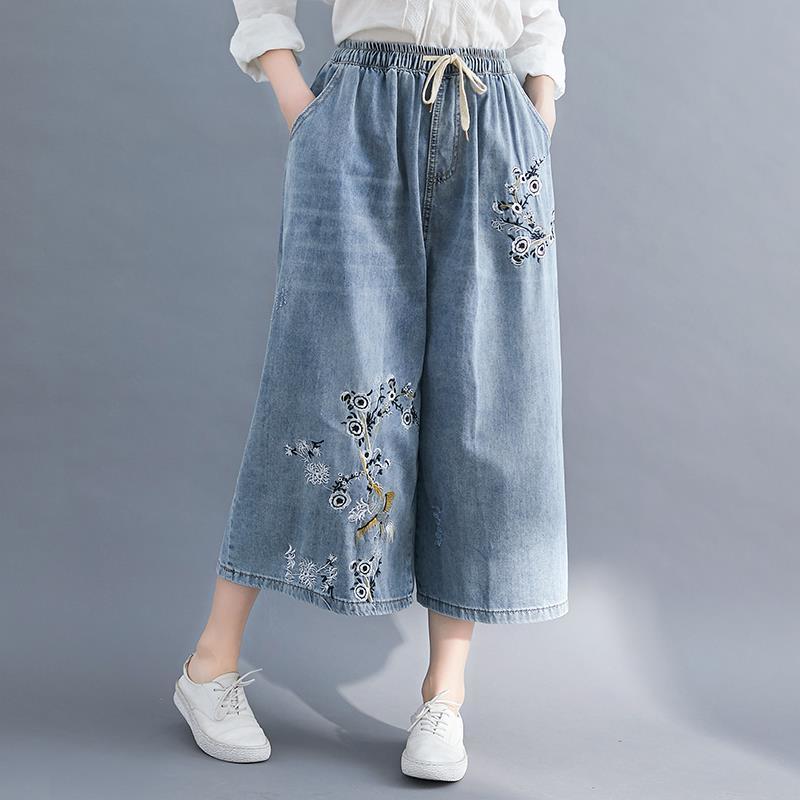 Plus Size Women Jeans Elastic Waist Embroidery Wide Leg Denim Pants Female Spring Autumn Vintage Loose High Waist Pants