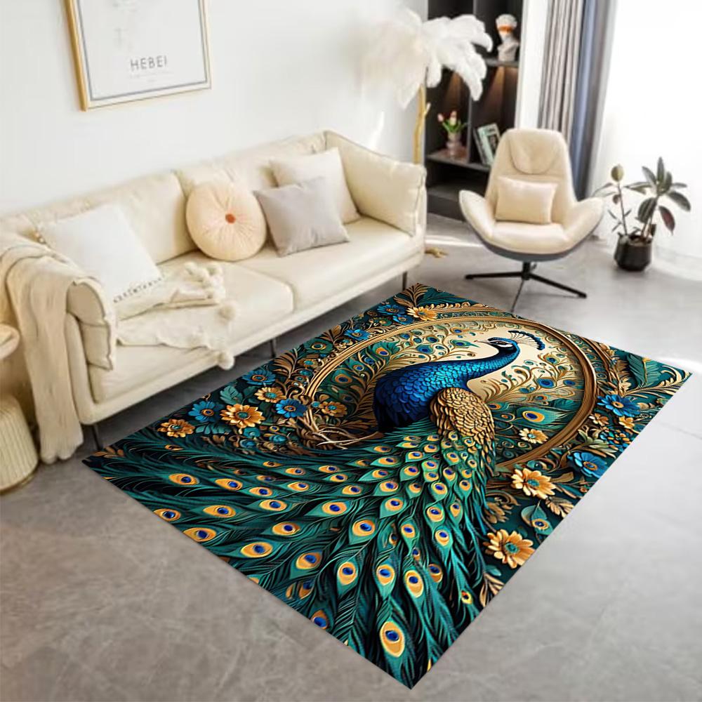 1pc Home Carpet Peacock and Flowers Non-Slip Design for Office Decor Living Room Bedroom Gift