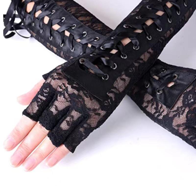 Black Lace-Up Fingerless Gloves - Elegant Half-Sleeve COS Accessories
