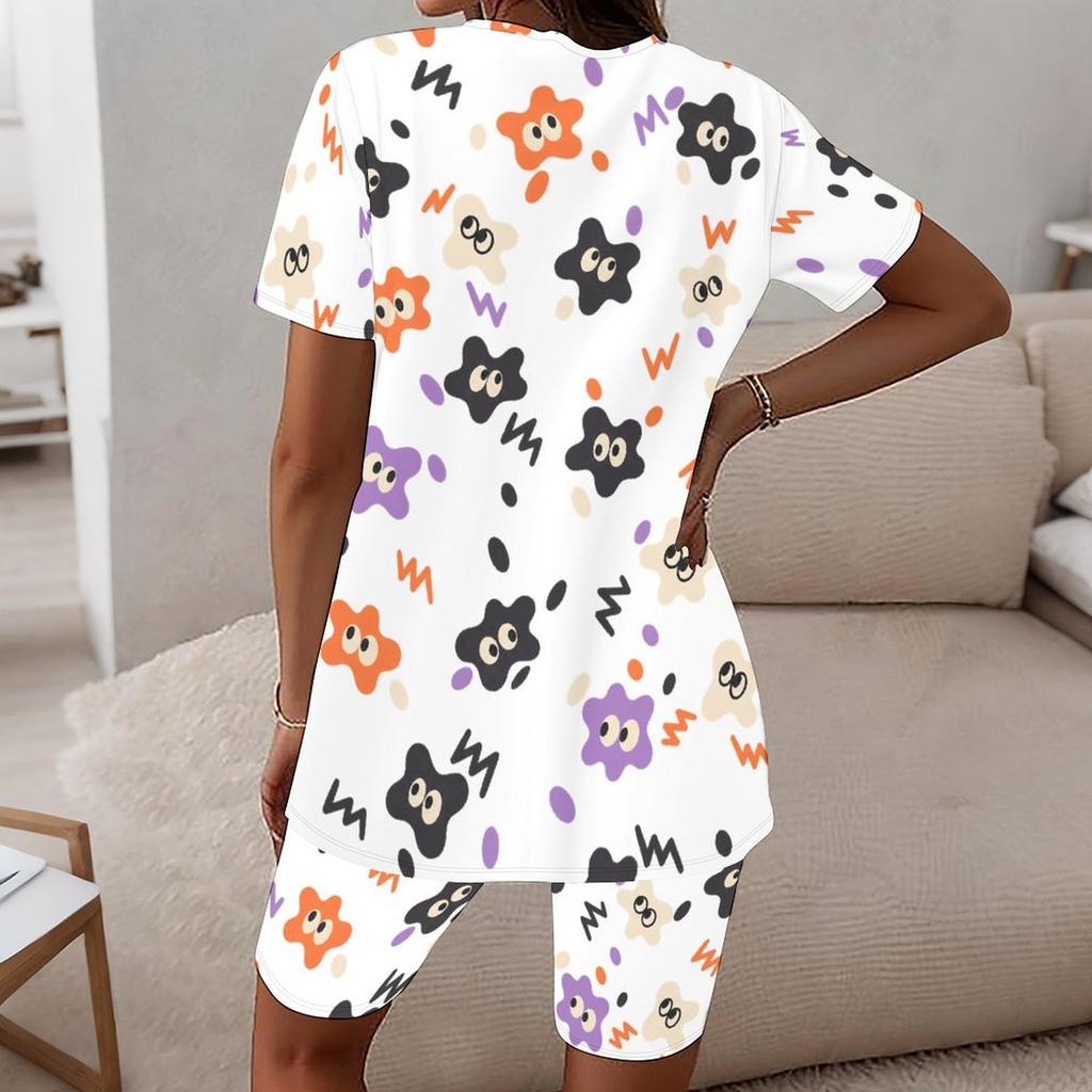 Women Plus Size White Halloween Printed Round Neck Short Sleeve Longline Top Fitted Shorts Two Piece Set