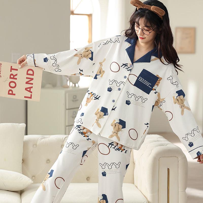 Pajamas Ladies Spring and Autumn Cardigan Long Sleeve Fresh Cartoon Work Comfortable Imitation Cotton Loose Casual Loungewear