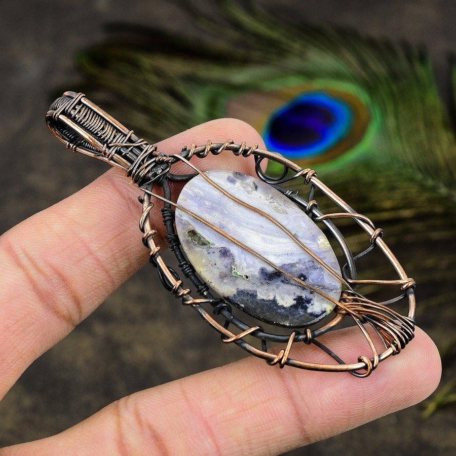 Russian Charoite, Moonstone Gemstone Copper Wire Wrap Jewelry Pendant 3.15"