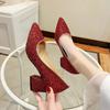 Fashion New 2025 Spring Women Pumps Pointed Toe High-heeled Shoes Sequin Women's Single Thick Heel Party Wedding Dress Shoes Large Size
