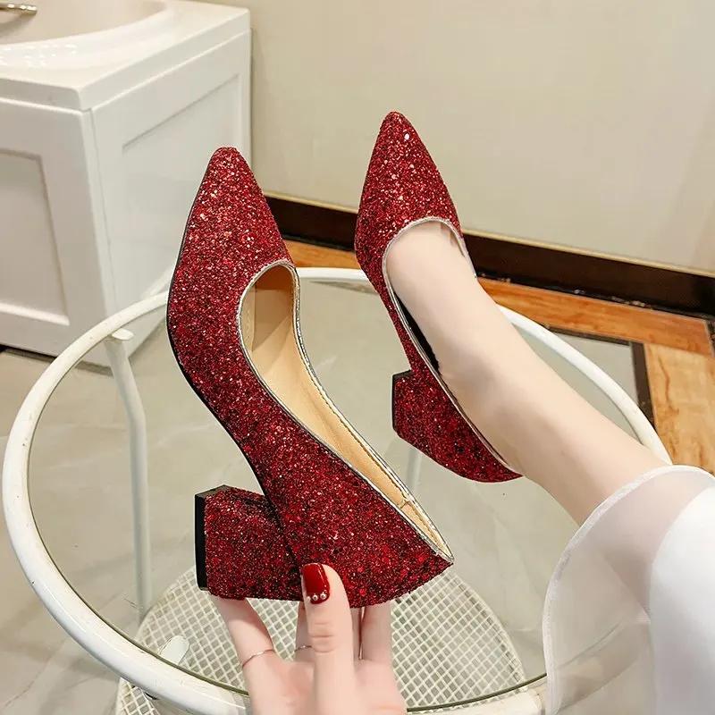 Fashion New 2025 Spring Women Pumps Pointed Toe High-heeled Shoes Sequin Women's Single Thick Heel Party Wedding Dress Shoes Large Size