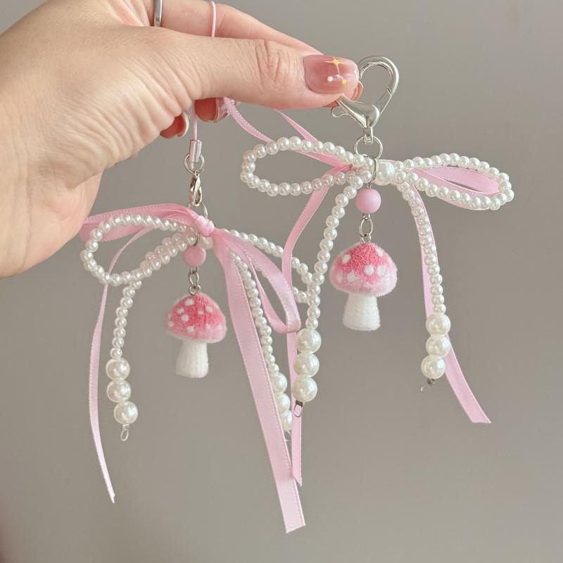 Pearl Bow Plucked Cat Bear Mushroom Backpack Key Ring Pendant Bag Y2K Delicate Beaded Bag Charm Chain Bag Strap Cute Accessory
