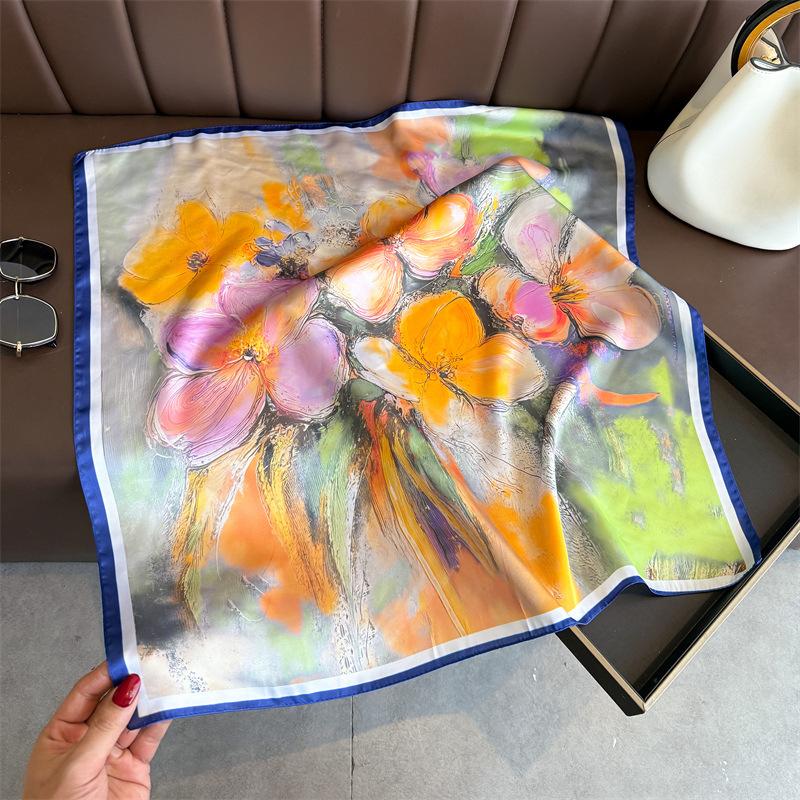 Flowering Oil Painting Printing Simulation Silk Scarf Square Scarf High-end Shawl Sunscreen Neck Small Square Scarf Headscarf Scarf Women