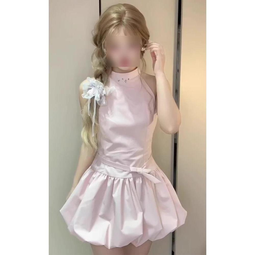 

Розовое платье без рукавов с вырезом под горло, детское летнее элегантное новое, с завышенной талией, милое и пикантное, маленькое А-силуэтное короткое платье XL- (recommended 110-60kg)