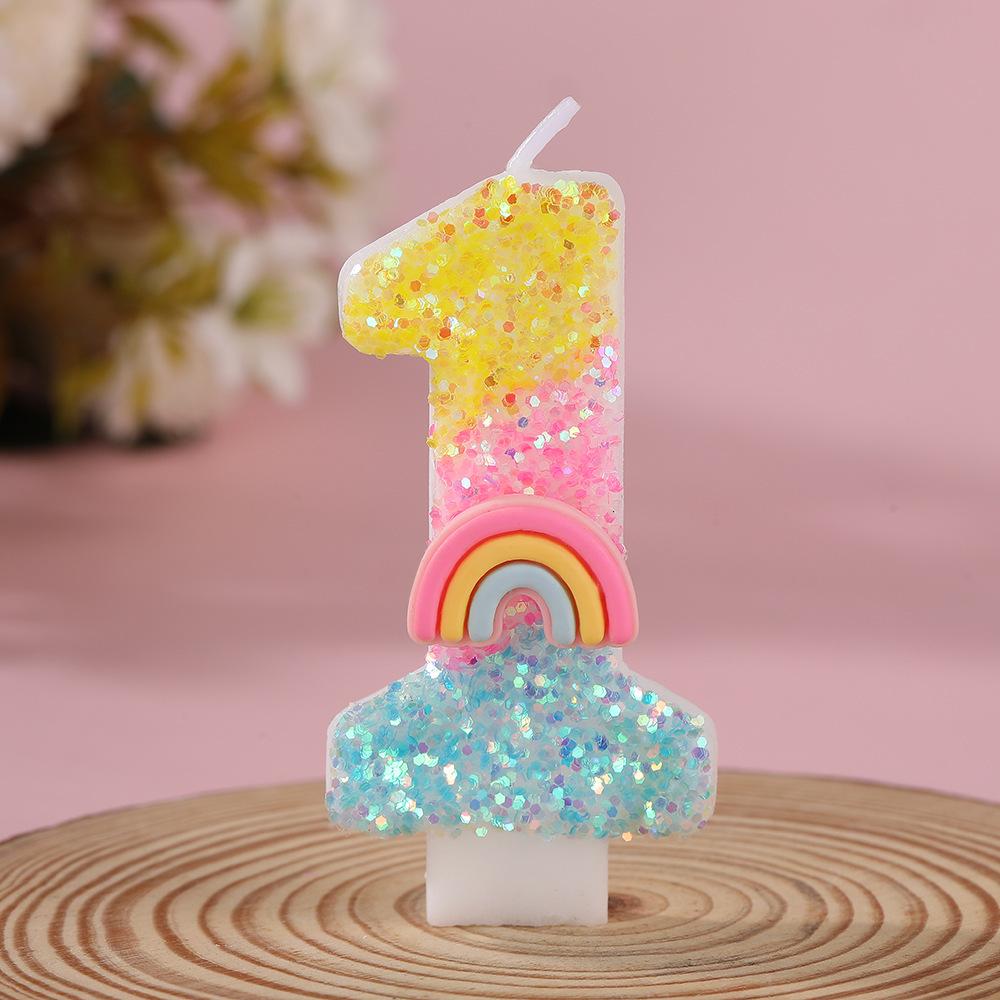 Rainbow Glitter Number Candles for Children's Birthday Cake, 0-9 Toppers