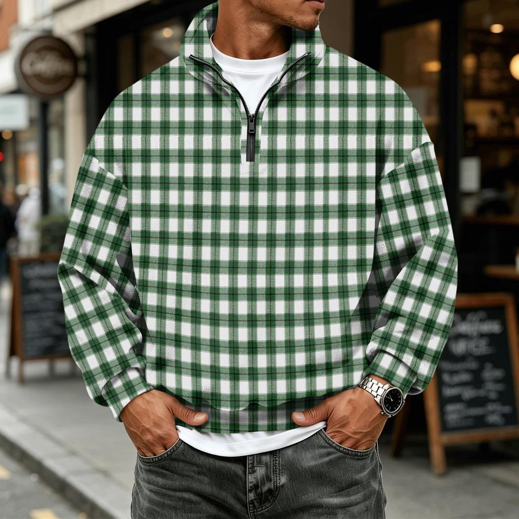 Men's Casual Flannel Long Sleeve Sweatshirt with 1/4 Zip Neck and Plaid Print