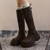 Versatile Thick-heeled High Boots for Women 2025 Autumn and Winter New Belt Buckle Brown Small Thick-soled Boots Knight Boots for Women