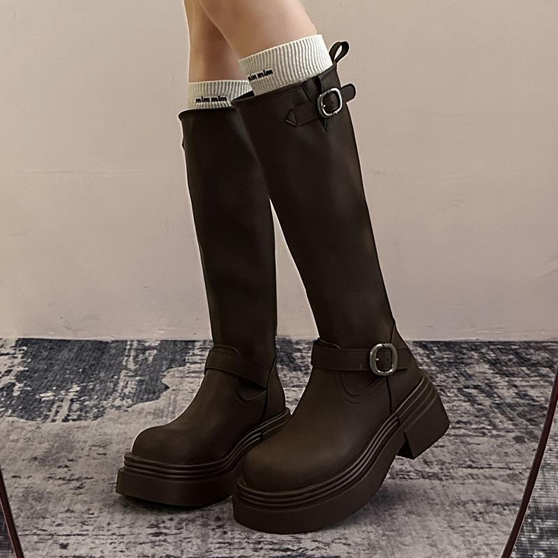 Versatile Thick-heeled High Boots for Women 2025 Autumn and Winter New Belt Buckle Brown Small Thick-soled Boots Knight Boots for Women
