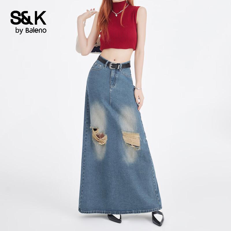 Baleno S&K Vintage Faded Ripped Denim Midi Skirt