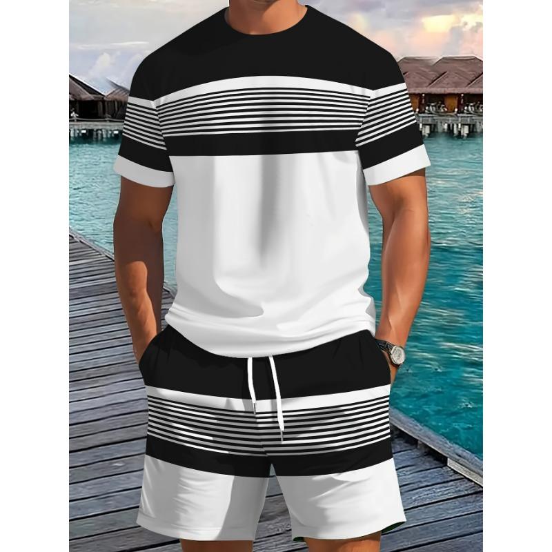 2026 Sommer Neuankunft Herren Freizeit Zweiteiler Set Gestreifter Print Kurzarmhemd und Sportshorts Set Herren Fitness Set
