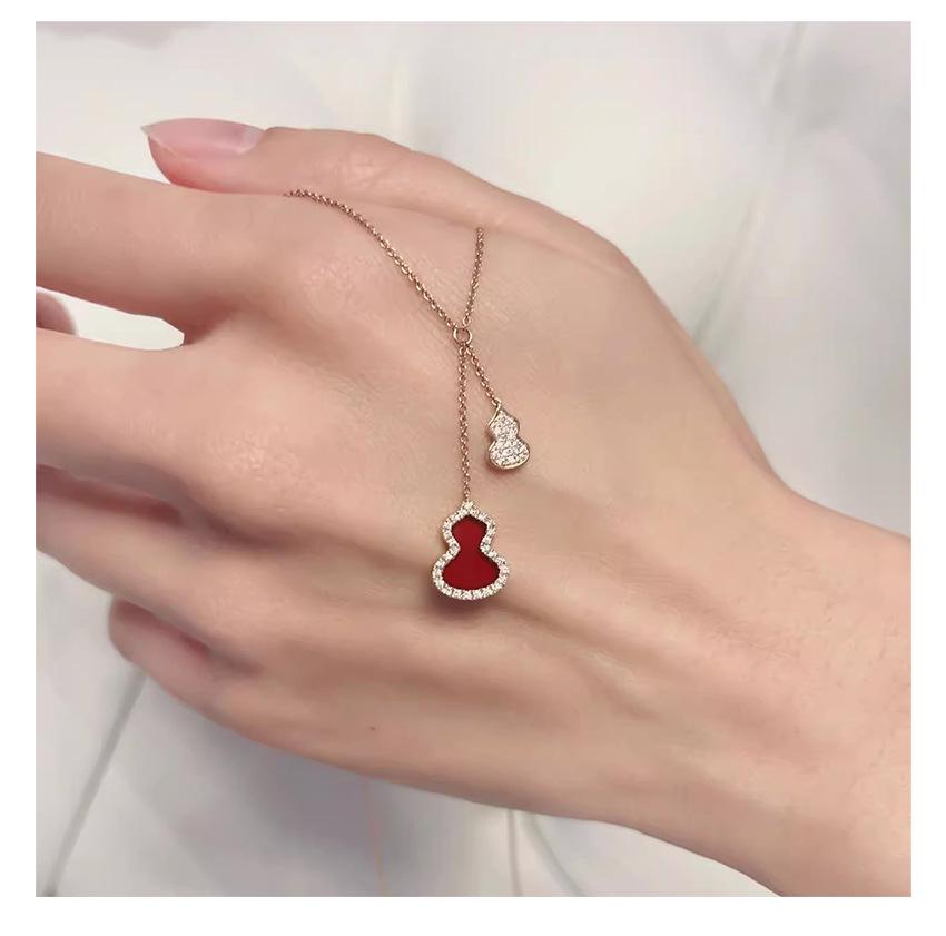 S925 Sterling Silver Gourd Necklace: Women's Chinese Style Red Agate Tassel Pendant Chain
