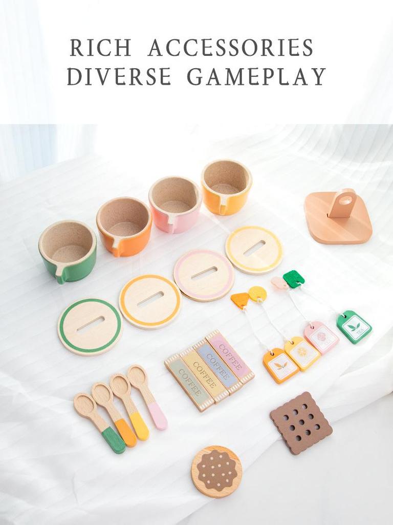 Children's Wooden Pretend Play Tea Set with Desserts and Teapot Tableware