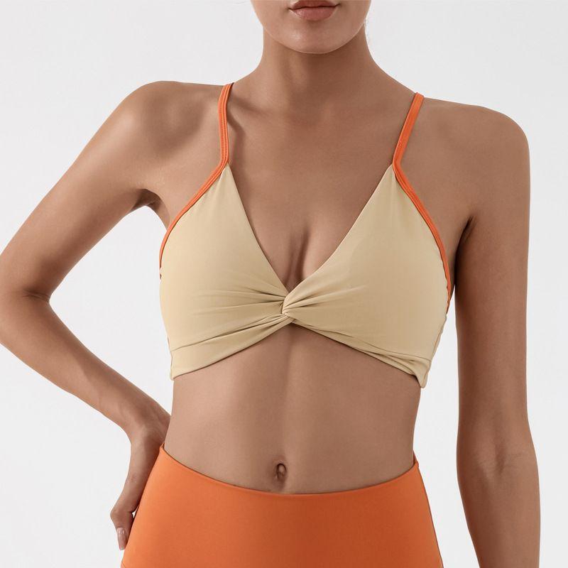 

European and American New Yoga Vest Women Containing Chest Pad Contrast Color Wrap-around Shockproof Sling Sports Underwear Sexy Fitness Bra S Orange Vest