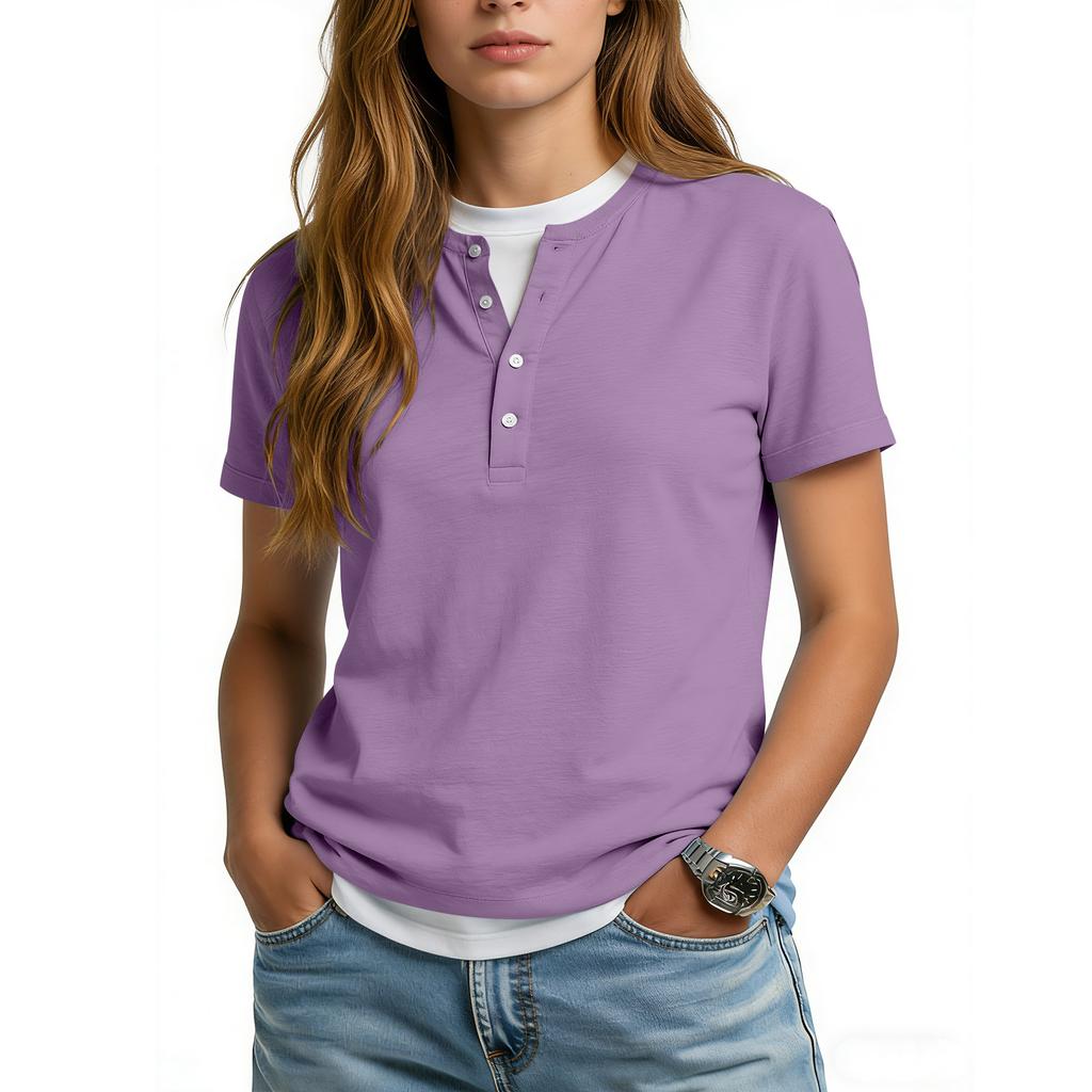 Women's Casual Color V,neck Short,sleeved T,shirt With Decorative Buttons.