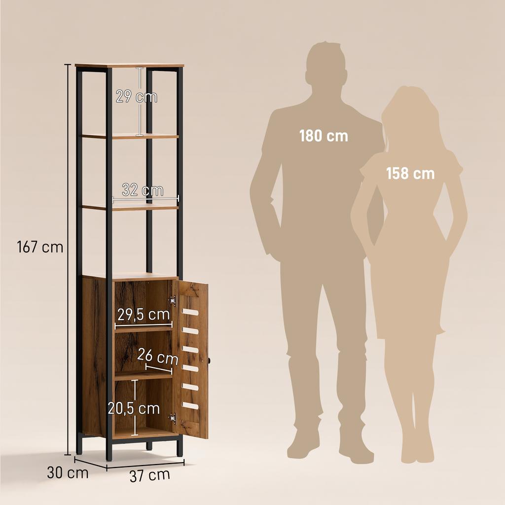 Industrial bathroom column cabinet 3 open shelves louvred door adjustable shelves rustic brown
