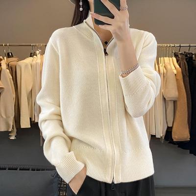 Damen 2023 Strickjacke im koreanischen Stil mit Stehkragen und Doppelreißverschluss