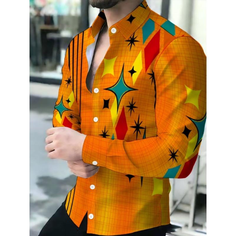 Men's Ethnic Diamond Totem Printed Long Sleeved Shirt, Slim Fit Lapel Shirt, Holiday Street Casual Men's Top