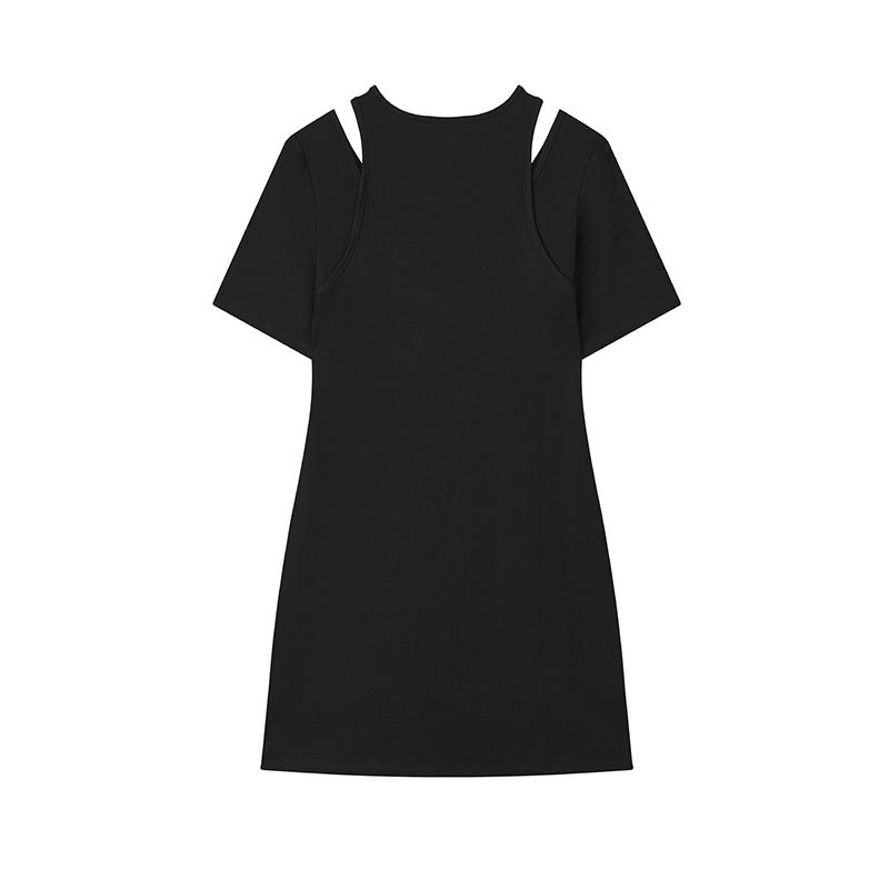FILA Original Fashionable Personality Trendy Soft Comfortable Breathable Cut-Out Short Sleeve Dress Women dresses Black F51W529301F-BK