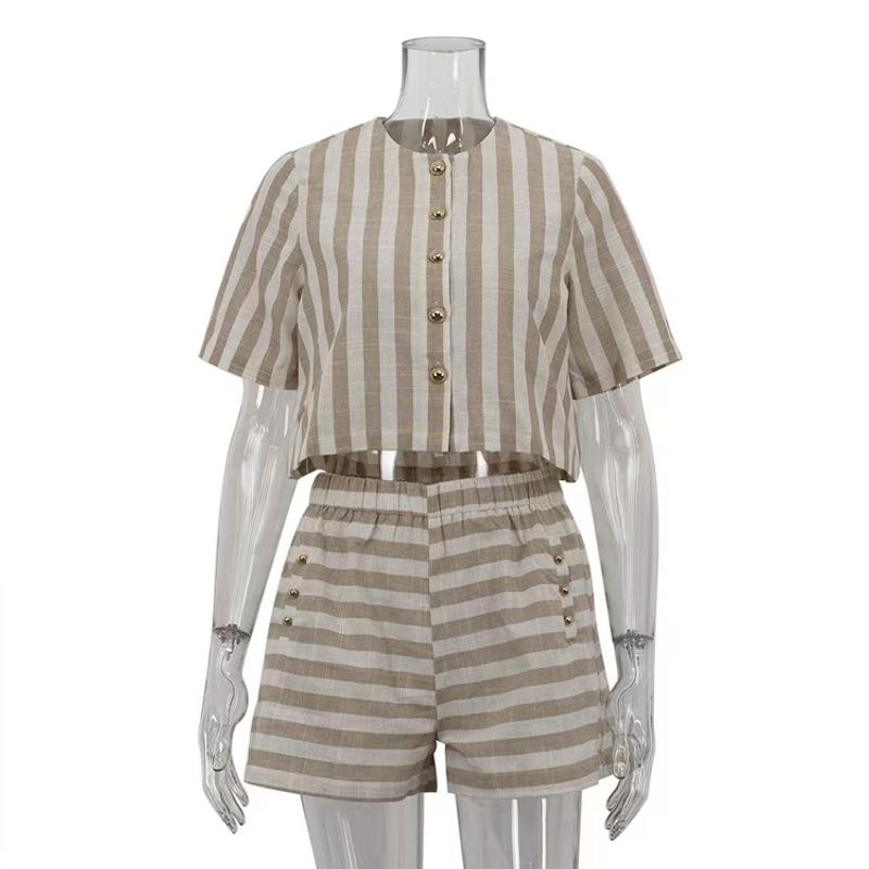 Fashion Style Stylish Loose Short Sleeve Stripes Shirt Shorts Two-piece Set Striped Shirt Shorts Set