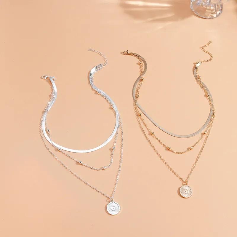 925 Silver Three Layer Necklace Women Simple Snake Chain Charm Ball Party Gift Exquisite Jewelry