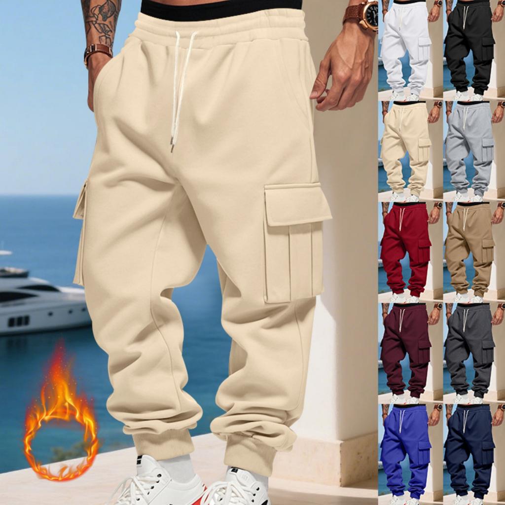 Men's Loose Fit Cargo Joggers - Thickened Warm Pants With Pockets,Casual Running Trousers