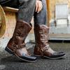 Men's Embroidered Leather Western Cowboy Boots - Retro European High-top Knight Style