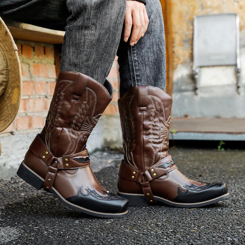 Men's Embroidered Leather Western Cowboy Boots - Retro European High-top Knight Style