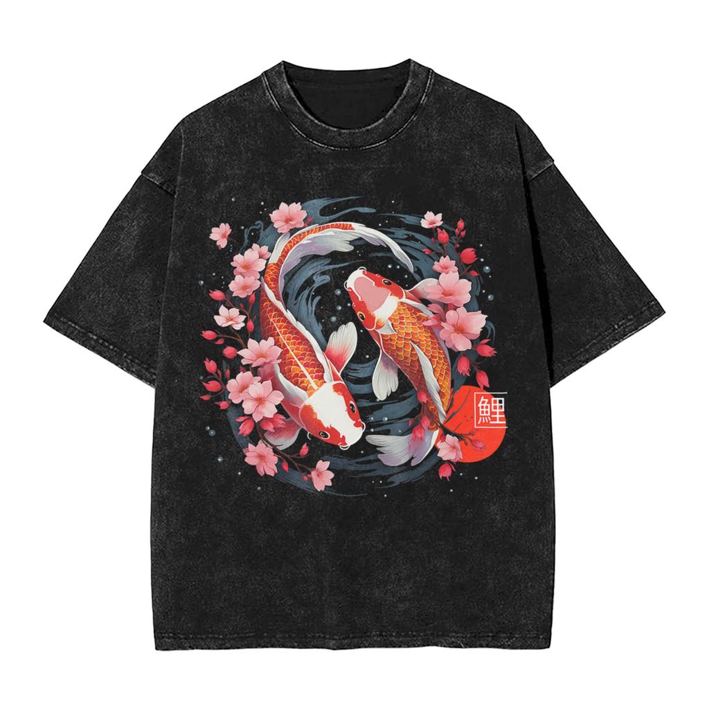 Koi Karpfen Fisch Japanische T-Shirts Gewaschen Kurzarm Harajuku T-Shirts Vintage Herren Damen Streetwear Bedrucktes T-Shirt