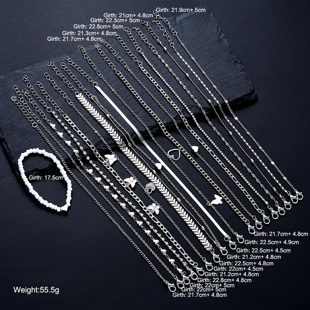 19 Stück/Set Neues Design Silberfarbene Fußkettchen-Sets für Damen Mode Perle Schmetterling Herz Kristall Fußkette Vielseitiger Täglicher Schmuck