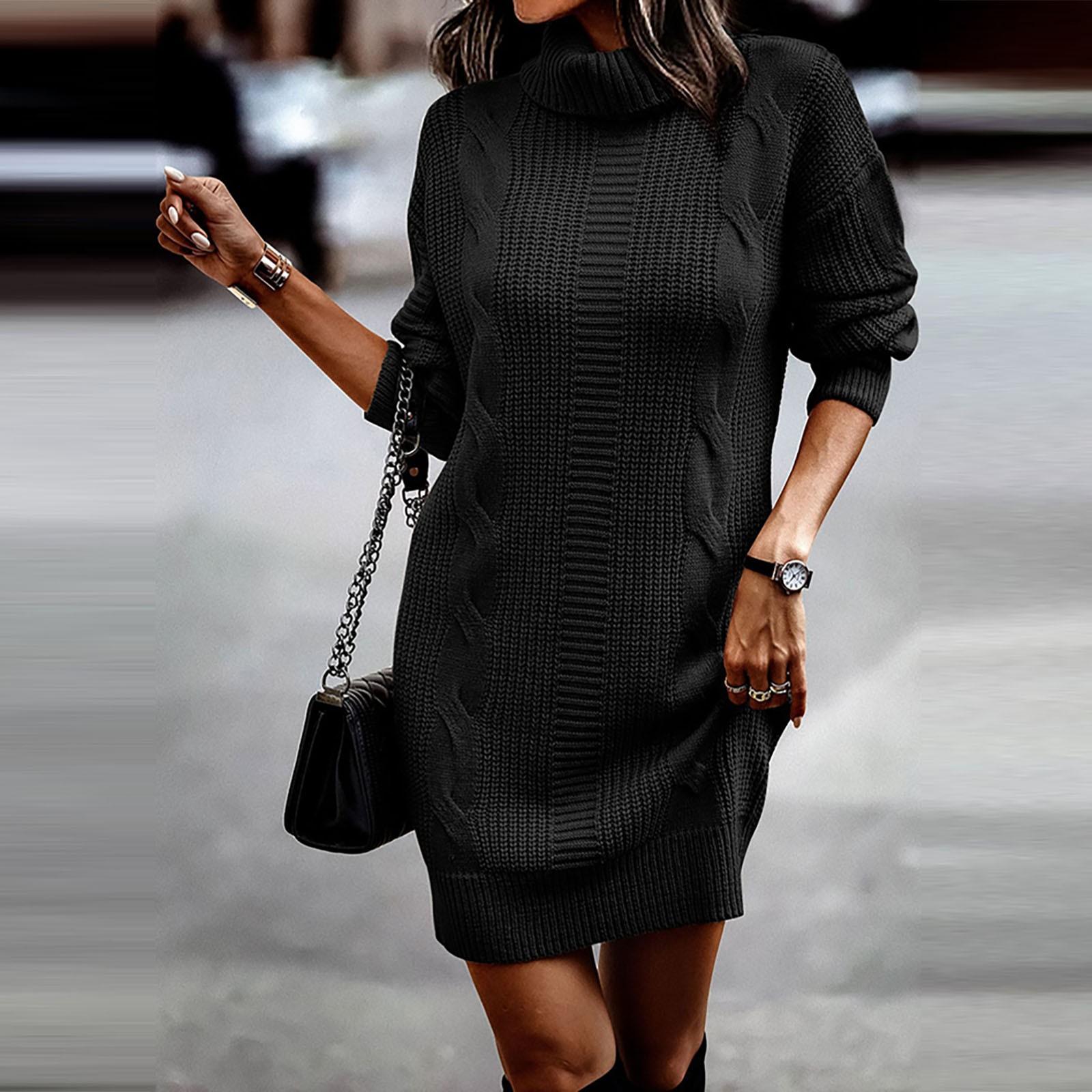 

Women s Fashion Autumn/winter Solid Color High Collar Long Sleeve Wrap Hip Sweater Dress XL чёрный