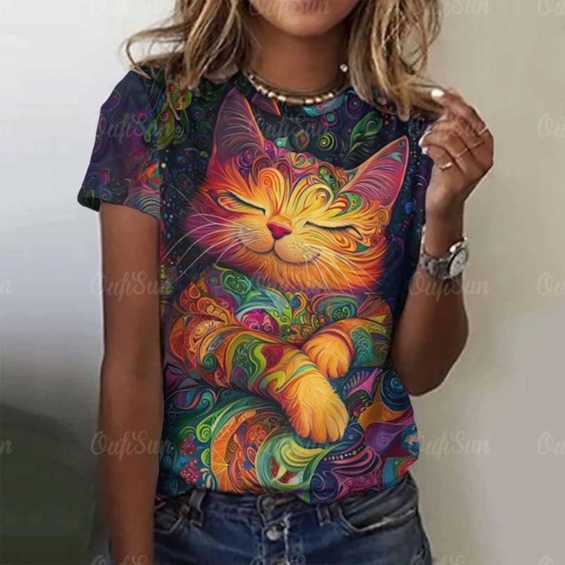 Damen Niedliches Katze Kurzarm T-Shirt Weihnachten Tiere Aufdruck Rundhals T-Shirt 2024 Mode Kleidung Sommer Lässig Oversize