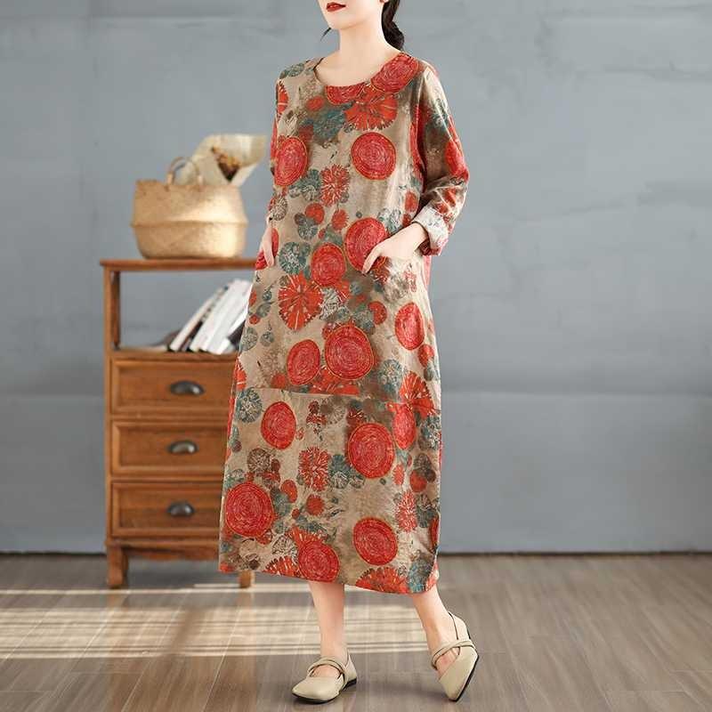 New Retro Printed Round Neck Loose Plus Size Long Dresses