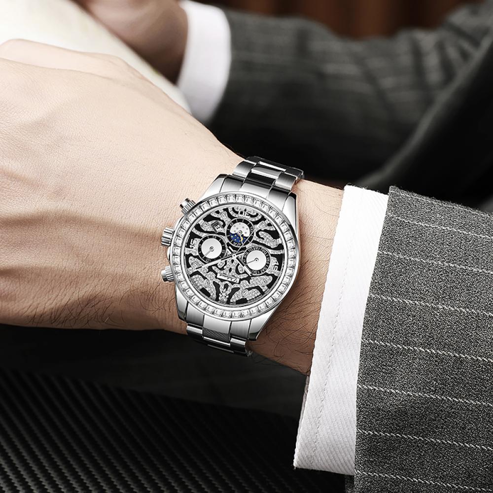 Dulunwe Moon Phases Calendar Display Watch Waterproof Stainless Steel Gold Wristwatch Luxury Unique Men's Automatic Mechanical Watches