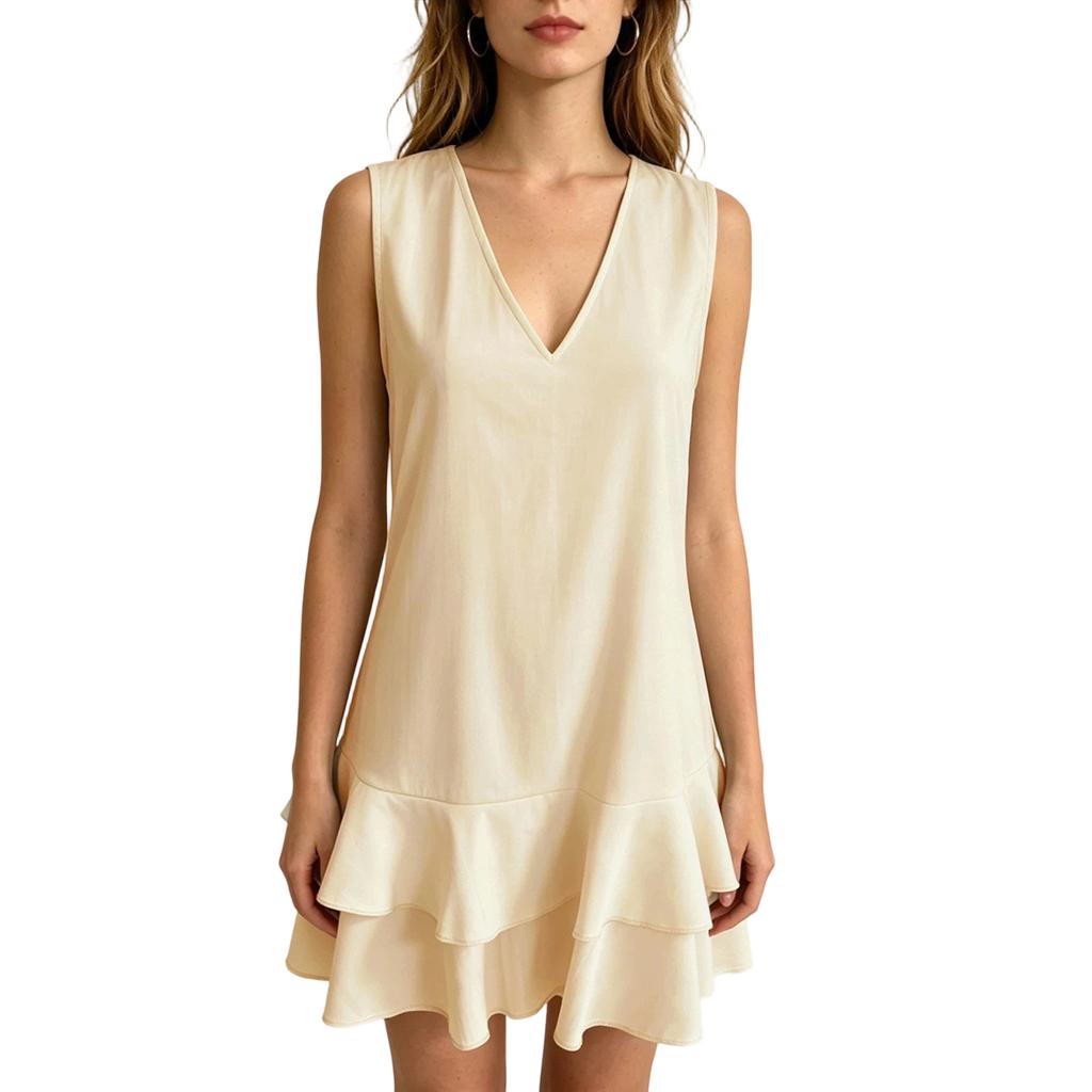 Women's Sleeveless V Neck Dress Summer Casual Comfortable Ruffle Hem Loose Fit Lightweight Layered Mini Dress