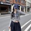 Spring Spice Girl Double Zipper Short Top Alphabet Printed Waffle Polo Neck Long Sleeve Shirt