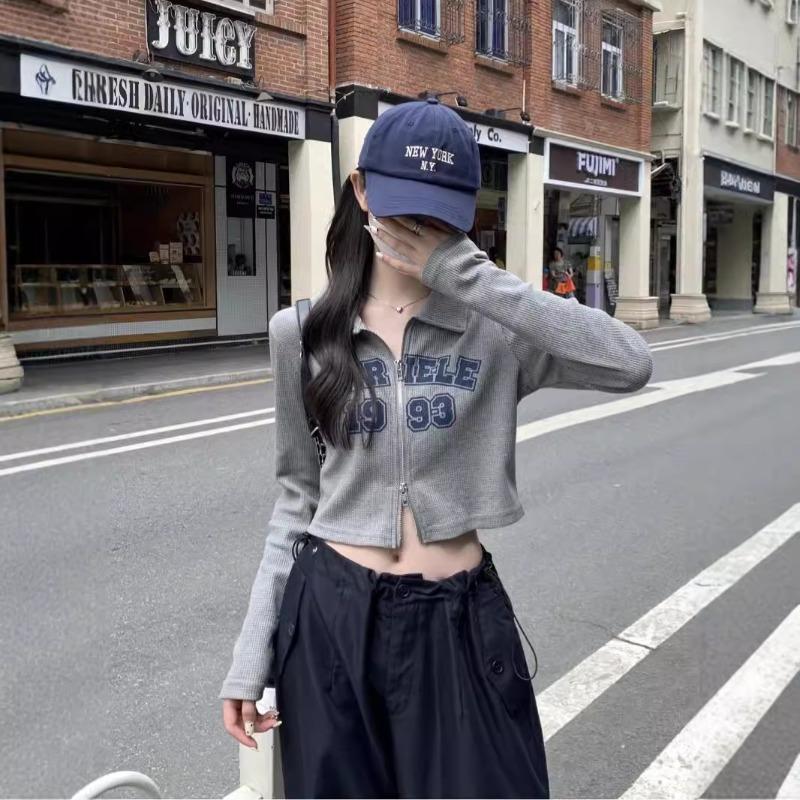 Spring Spice Girl Double Zipper Short Top Alphabet Printed Waffle Polo Neck Long Sleeve Shirt