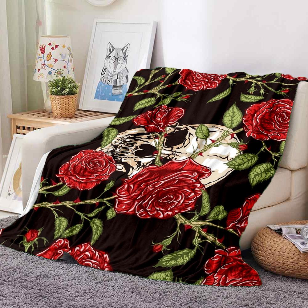 Skull Roses Flannel Blanket Throw Blanket Soft Warm Sofa Bed Camping Car home Decor Unique Christmas Gift C930534